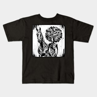 Afro queen and her horse by Charlotte VanRoss Kids T-Shirt